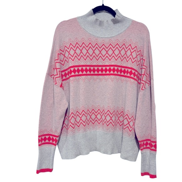 Edinburgh Knitwear Fair Isle Pima Cotton Mock Neck Pink Gray Sweater Medium - Picture 1 of 5